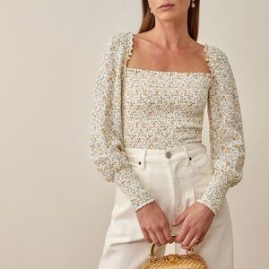 Reformation Pinto Floral Smocked Square Neck Top Size S